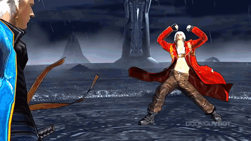 A Man In A Red Coat Is Dancing In Front Of A Statue GIF