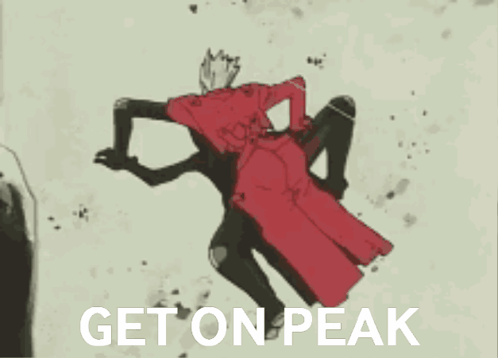 A Man In A Red Coat Is Sitting On Another Man 'S Shoulders And The Words Get On Peak Are On The Bottom GIF