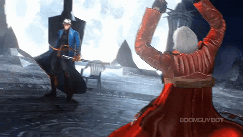 A Man In A Red Coat Is Standing In Front Of A Man In A Blue Coat In A Video Game . GIF
