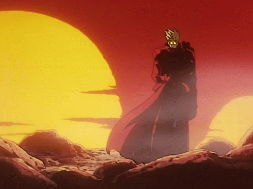 A Man In A Red Coat Is Standing In Front Of The Sun GIF