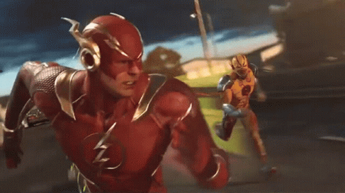 A Man In A Red Flash Suit Is Running With Another Man In A Yellow Flash Suit Behind Him GIF