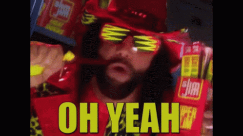 A Man In A Red Hat And Sunglasses Says Oh Yeah In Yellow Letters GIF