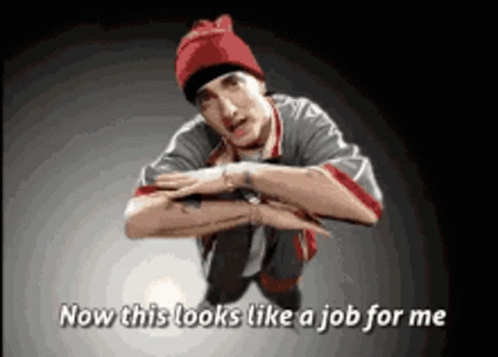 A Man In A Red Hat Is Kneeling Down With The Words Now This Looks Like A Job For Me Below Him GIF