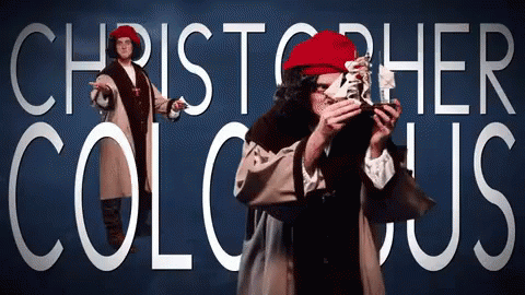 A Man In A Red Hat Is Standing In Front Of A Blue Background That Says Christopher Columbus GIF