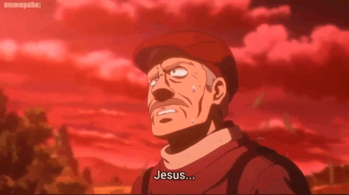 A Man In A Red Hat Says Jesus In A Red Background GIF