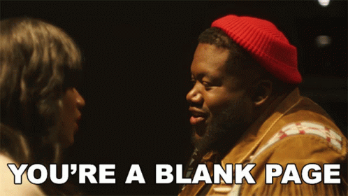 a man in a red hat says " you 're a blank page " in front of a woman