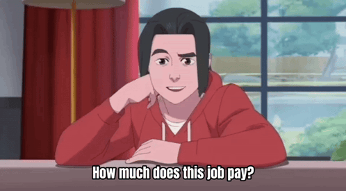 A Man In A Red Hoodie Is Sitting At A Table With His Hand On His Chin And Says How Much Does This Job Pay GIF