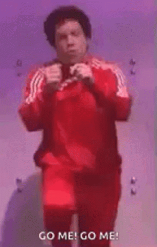 A Man In A Red Jacket And Red Pants Is Running And Says `` Go Me ! Go Me ! '' GIF