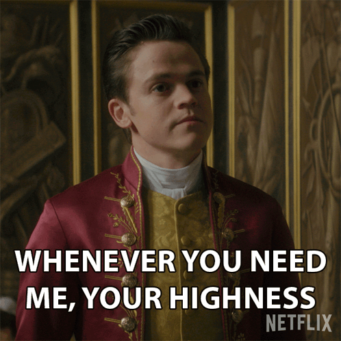 A Man In A Red Jacket And Yellow Vest Says Whenever You Need Me Your Highness GIF
