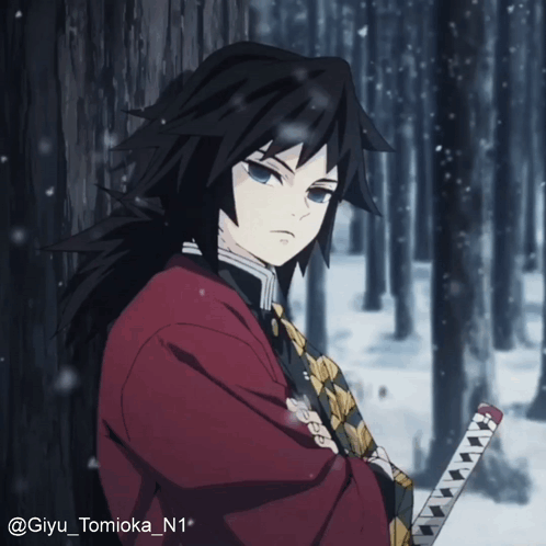 A Man In A Red Jacket Holding A Sword With The Name Giyu_tomioka_n1 On The Bottom GIF