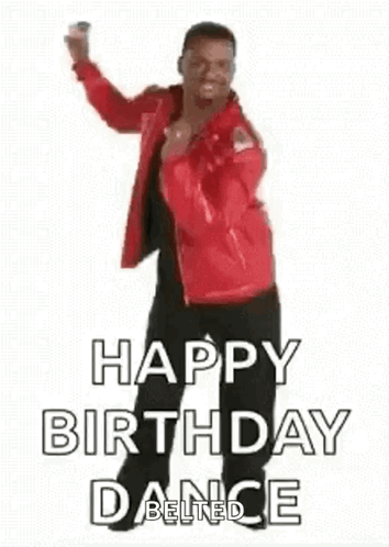 A Man In A Red Jacket Is Dancing And Says `` Happy Birthday Dance '' . GIF