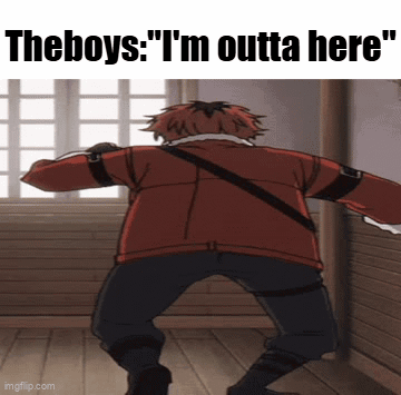 A Man In A Red Jacket Is Dancing In A Room With The Words " The Boys : I 'M Outta Here " GIF