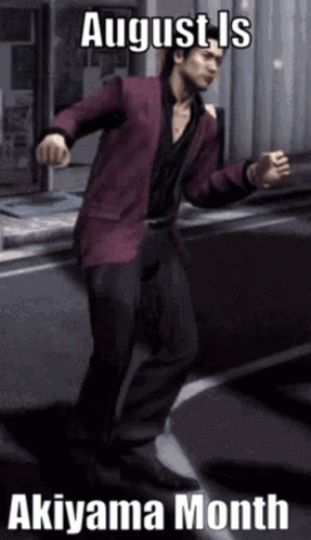 A Man In A Red Jacket Is Dancing In Front Of A Sign That Says August Is Akiyama Month . GIF