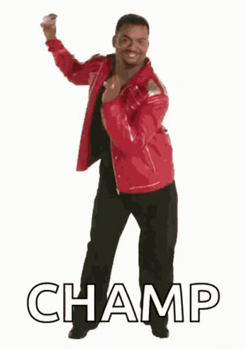 A Man In A Red Jacket Is Dancing With The Word Champ Behind Him . GIF