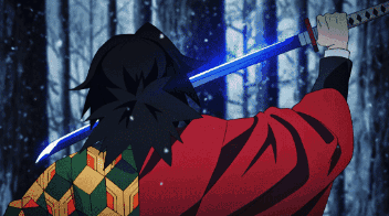 A Man In A Red Jacket Is Holding A Blue Sword In Front Of A Snowy Forest GIF