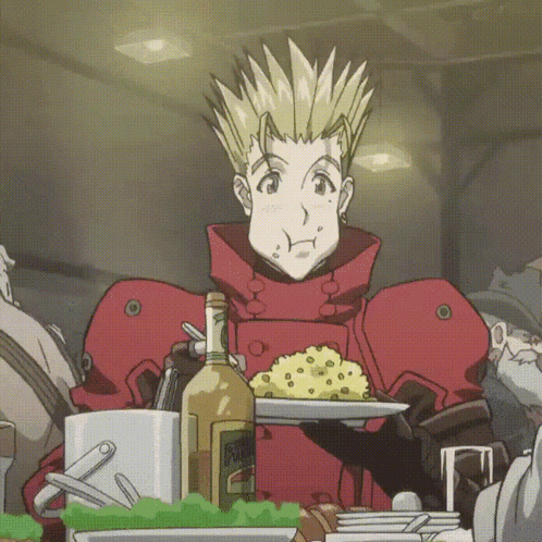 A Man In A Red Jacket Is Holding A Plate Of Food And A Bottle Of French Fries GIF