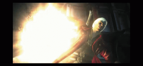A Man In A Red Jacket Is Holding A Sword In A Video Game GIF