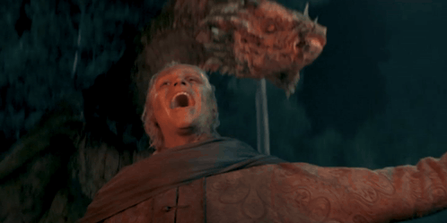 A Man In A Red Jacket Is Screaming In Front Of A Dragon Head GIF