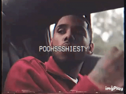 A Man In A Red Jacket Is Sitting In A Car With The Words Poohssshiesty On The Screen GIF
