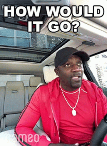A Man In A Red Jacket Is Sitting In The Driver 'S Seat Of A Car With The Caption How Would It Go GIF