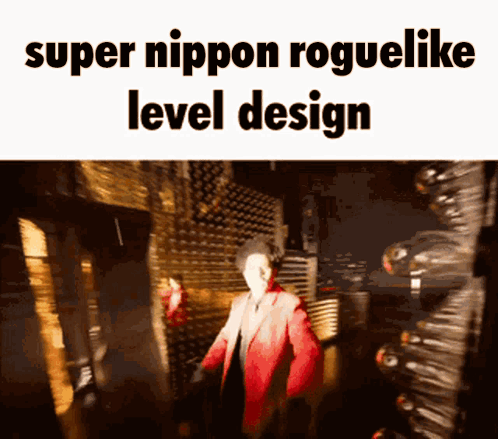 a man in a red jacket is standing in a dark room with the words super nippon roguelike level design below him