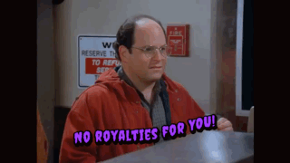 A Man In A Red Jacket Is Standing In Front Of A Counter And Says No Royalties For You . GIF