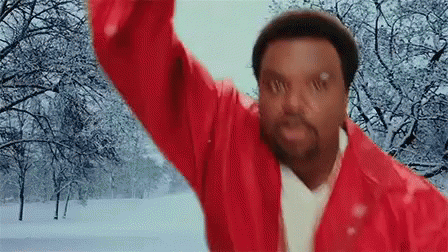 A Man In A Red Jacket Is Standing In The Snow With His Arms In The Air . GIF