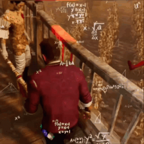 A Man In A Red Jacket Is Standing On A Railing In Front Of A Chalkboard With Mathematical Equations On It GIF