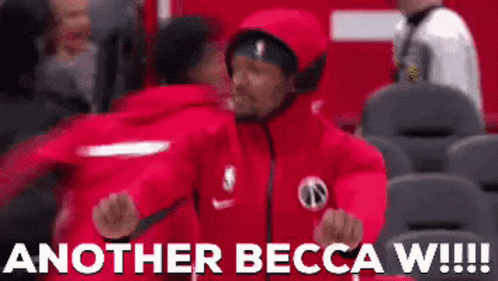 A Man In A Red Jacket With The Words Another Becca W !!! Below Him GIF