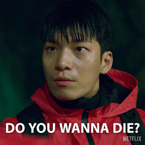 A Man In A Red Jacket With The Words Do You Wanna Die Written Below Him GIF