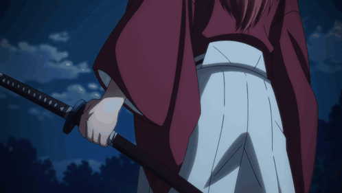 A Man In A Red Kimono Is Holding A Sword GIF