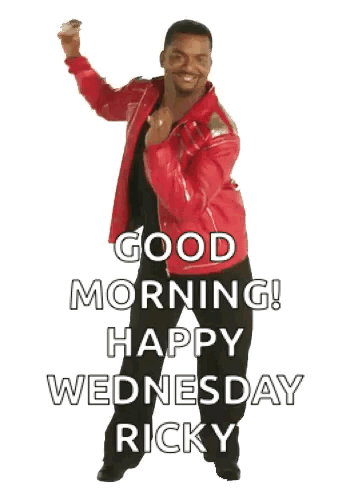 A Man In A Red Leather Jacket Is Dancing And Saying `` Good Morning ! Happy Wednesday Ricky '' . GIF