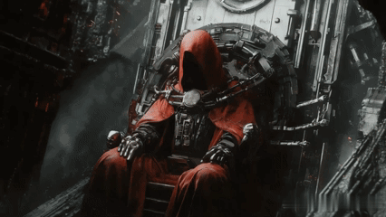 a man in a red robe is sitting in a chair with a chain around his neck