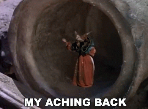 A Man In A Red Robe Is Standing In A Tunnel With The Words My Aching Back Below Him GIF