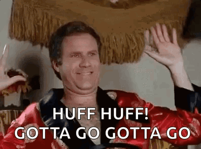 A Man In A Red Robe Is Waving His Hands And Says `` Huff Huff Gotta Go Gotta Go '' . GIF