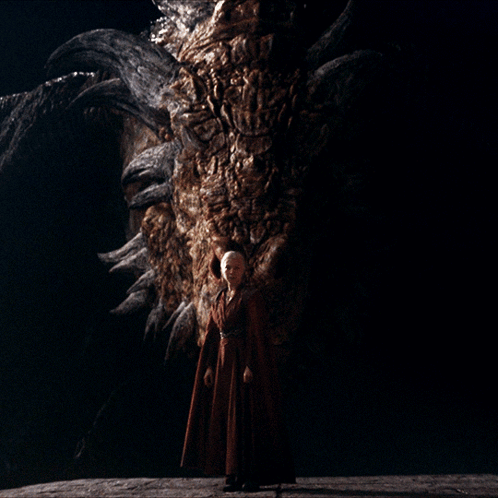 A Man In A Red Robe Stands In Front Of A Dragon GIF