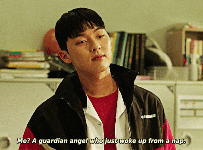 A Man In A Red Shirt And A Black Jacket Says Me ? A Guardian Angel Who Just Woke Up From A Nap GIF