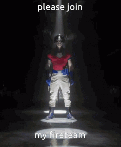 A Man In A Red Shirt And Blue Gloves Is Standing In A Dark Room With The Words " Please Join My Fireteam " Written Below GIF
