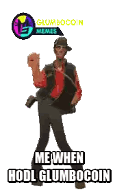 a man in a red shirt is dancing with the words me when hodl glumbocoin below him