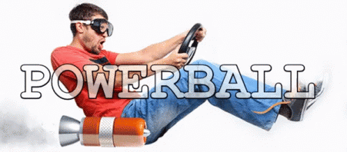 A Man In A Red Shirt Is Driving A Car With The Word Powerball Written On The Bottom GIF