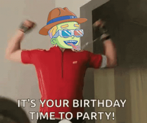 A Man In A Red Shirt Is Flexing His Muscles And Says " It 'S Your Birthday Time To Party " GIF