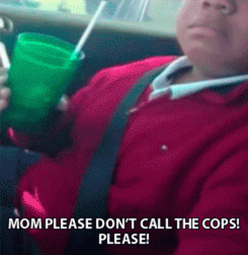 A Man In A Red Shirt Is Holding A Green Cup With A Straw And Says Mom Please Don 'T Call The Cops GIF