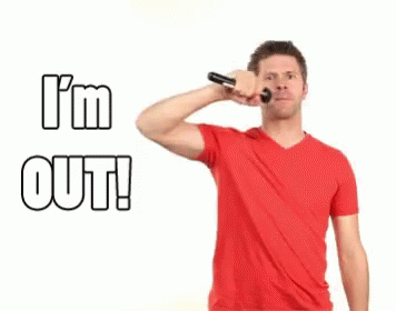 A Man In A Red Shirt Is Holding A Microphone In His Hand And Says I 'M Out GIF