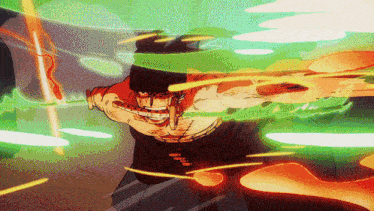 A Man In A Red Shirt Is Holding A Sword In His Right Hand . GIF