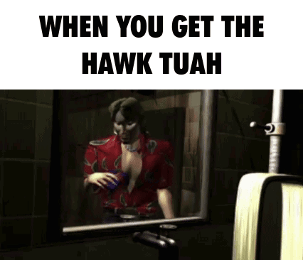 A Man In A Red Shirt Is Looking At Himself In A Mirror With The Caption When You Get The Hawk Tuah GIF