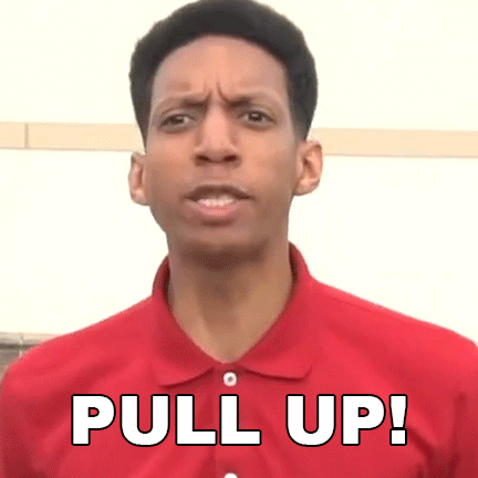 A Man In A Red Shirt Is Making A Face And Says Pull Up GIF