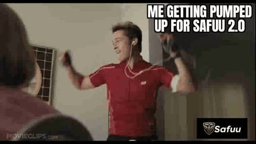 A Man In A Red Shirt Is Pumping Up His Muscles With The Caption " Me Getting Pumped Up For Safuu 2.0 " GIF