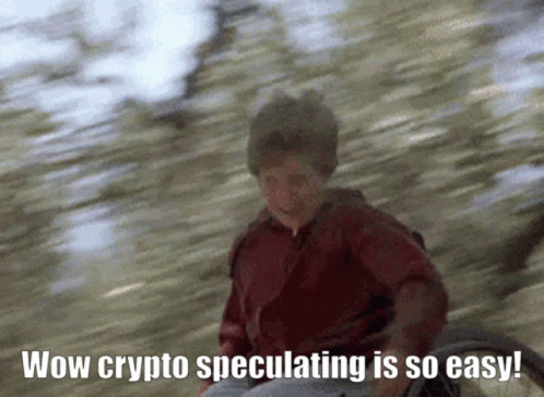 a man in a red shirt is riding a horse with the words wow crypto speculating is so easy below him