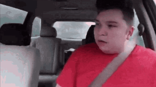 A Man In A Red Shirt Is Sitting In A Car . GIF