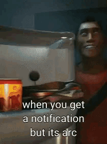 A Man In A Red Shirt Is Standing In Front Of A Stove With A Can Of Soda In The Background . GIF
